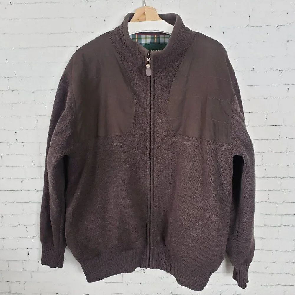 Orvis 100% Wool Bomber Jacket Size L Brown Chest Patches Plaid Lining Full Zip